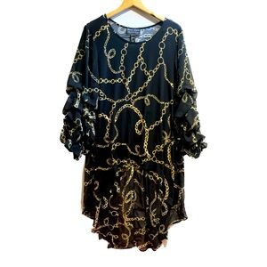 Frank Lyman Black Sheer Chain link Design Print Blouse Long back button up US14